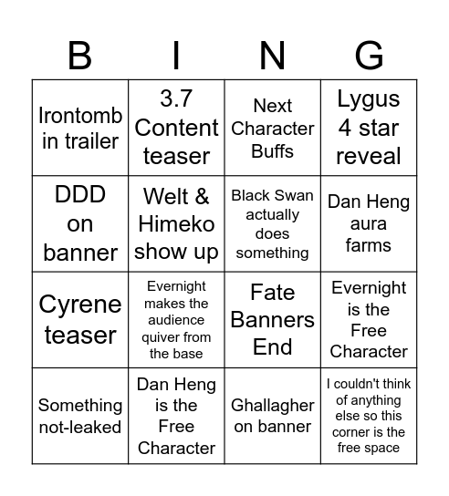 HSR 3.6 LIVESTREAM BINGO Card