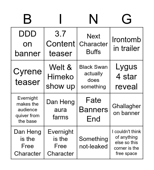HSR 3.6 LIVESTREAM BINGO Card