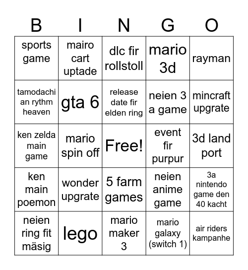 nintando direct Bingo Card