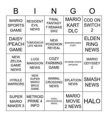 NINTENDO DIRECT Bingo Card