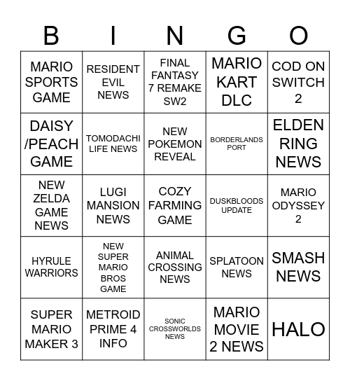 NINTENDO DIRECT Bingo Card