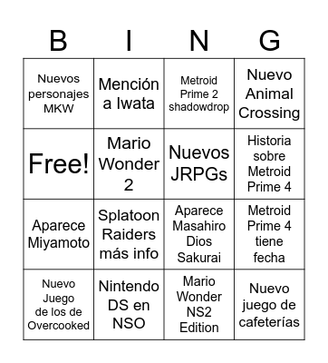 Nintendo Direct Pipo Bingo Card
