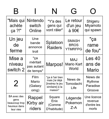 Nintendo Direct Bingo Card