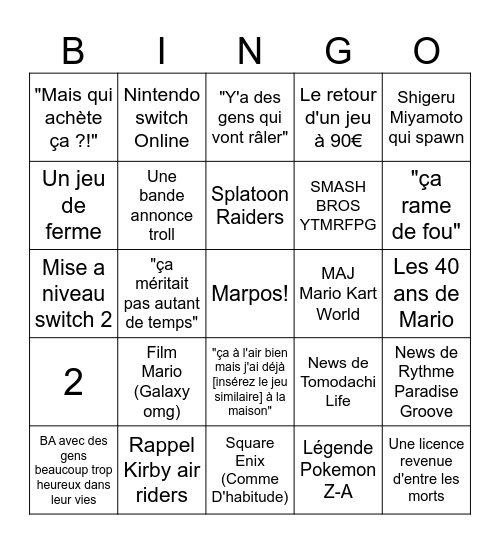 Nintendo Direct Bingo Card