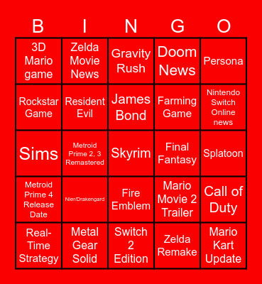 Nintendo Direct Bingo Card