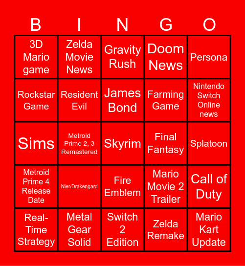 Nintendo Direct Bingo Card