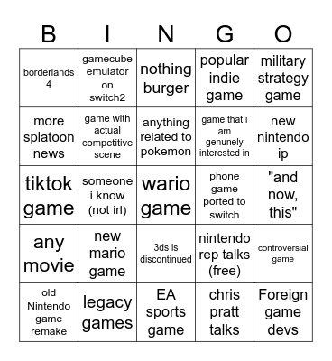 nintendo direct bingo Card