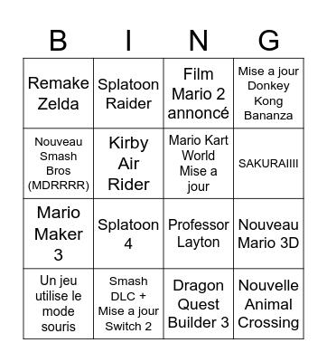 Nintendo Direct Bingo Card