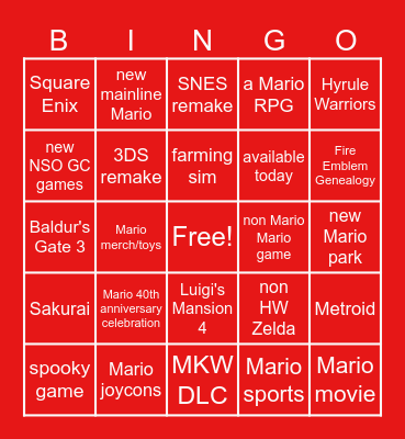 Nintendo Direct 2025 Bingo Card