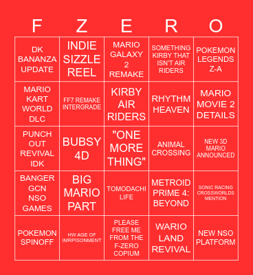 NINTENDO DIRECT 09/12/2025 Bingo Card