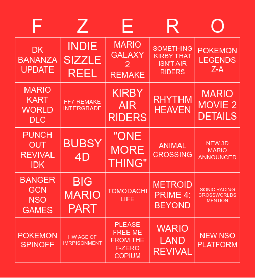 NINTENDO DIRECT 09/12/2025 Bingo Card