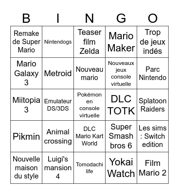 Nintendo direct Bingo Card