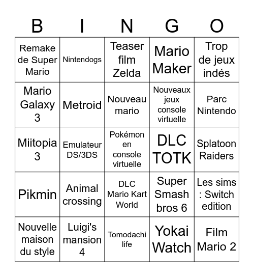 Nintendo direct Bingo Card