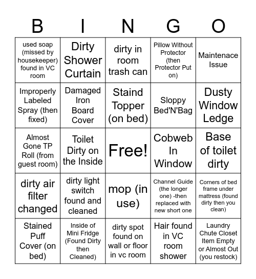 Housekeeping Bingo Card