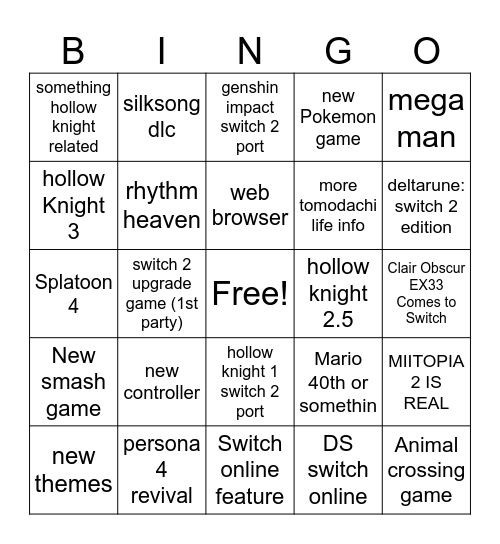 Switch 2 Direct Bingo Card