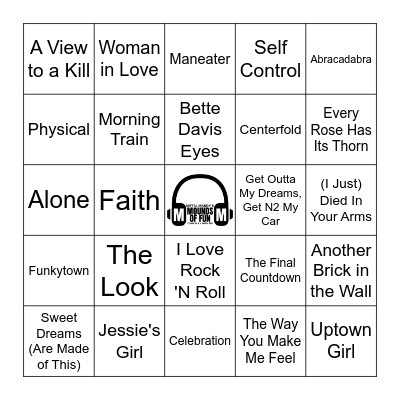 BILLBOARD TOP 100 HITS 80-89 Bingo Card