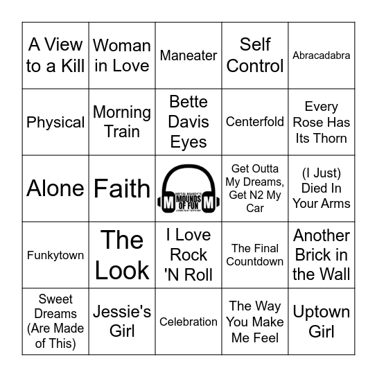 BILLBOARD TOP 100 HITS 80-89 Bingo Card