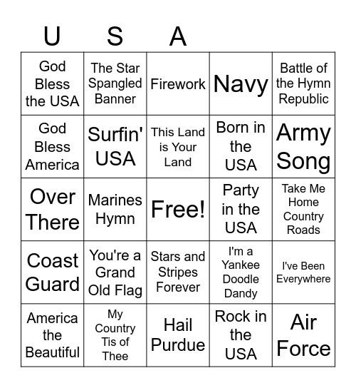 Patriotic Songs Bingo Card