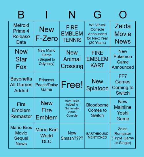 Nintendo Direct Sept 12 Bingo Card
