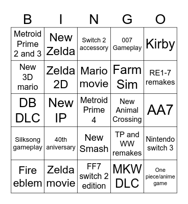 Nintendo direct Bingo Card