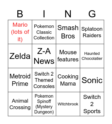 Nintendo Direct Bingo Card