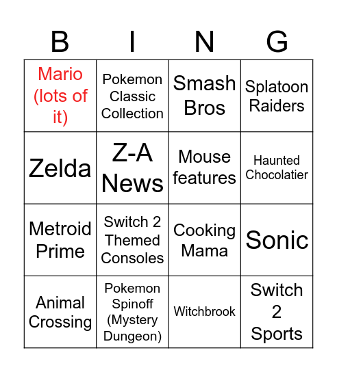Nintendo Direct Bingo Card