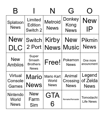 Nintendo Direct September 2025 Bingo Card