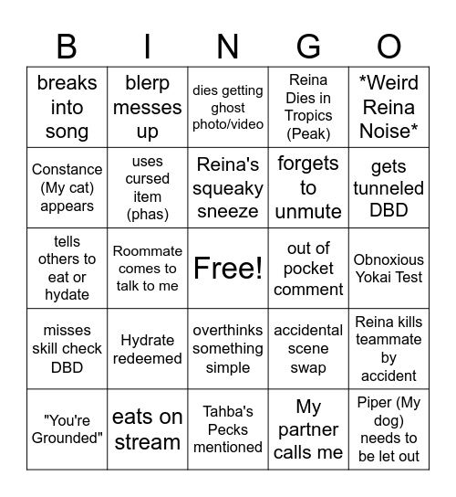 Reina's Anniversary Stream Bingo Card