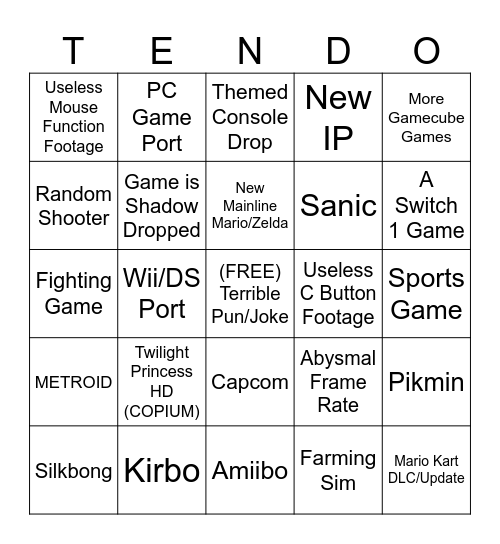 Nintendo Direct Bingo Card