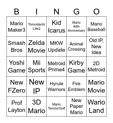 Nintendo Direct 09/12/2025 Bingo Card