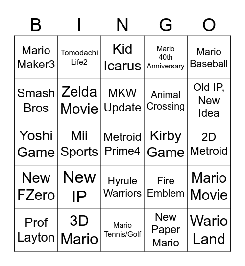 Nintendo Direct 09/12/2025 Bingo Card
