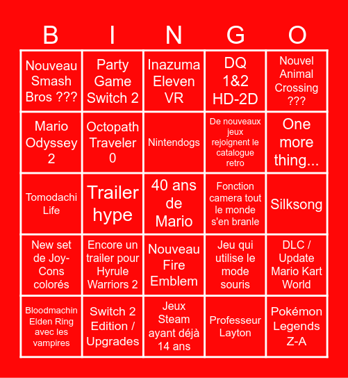 Nintendo Direct Bingo Card