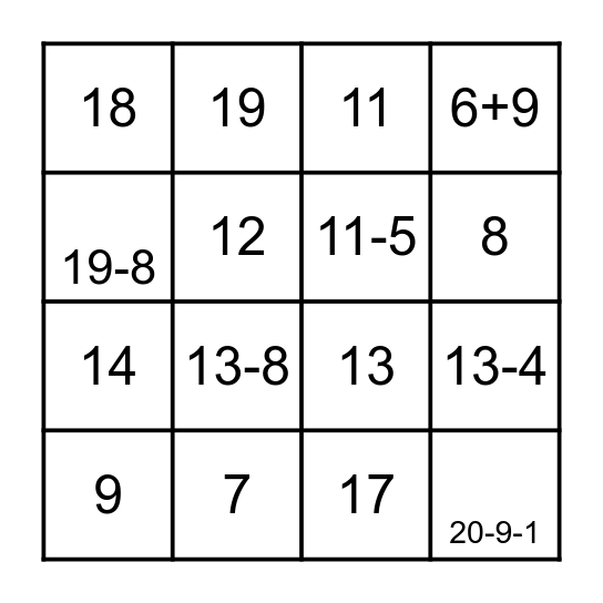 בינגו חיבור-חיסור Bingo Card