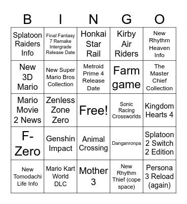 Ninto Direct Bingo Card