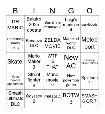 Nintendo direct Bingo Card