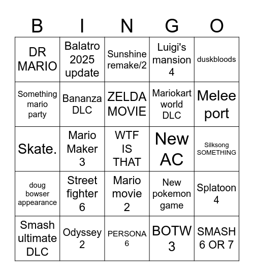 Nintendo direct Bingo Card
