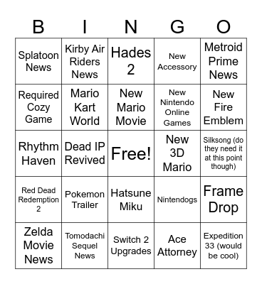 Nintendo Direct Bingo Card