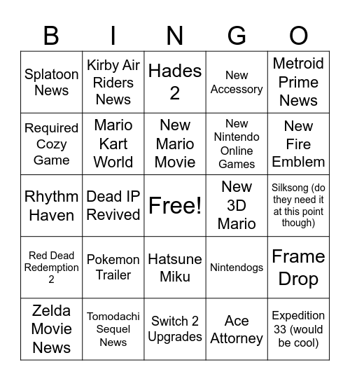 Nintendo Direct Bingo Card