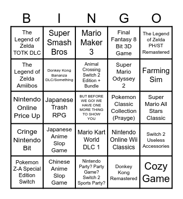 Switch 2 Nintendo Direct Bingo Card