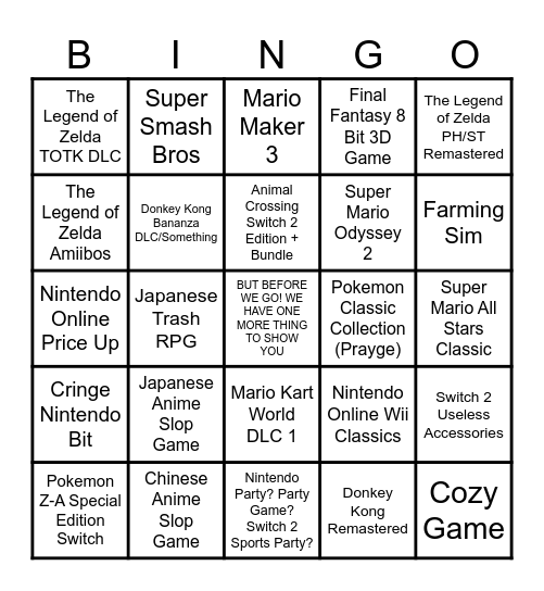 Switch 2 Nintendo Direct Bingo Card