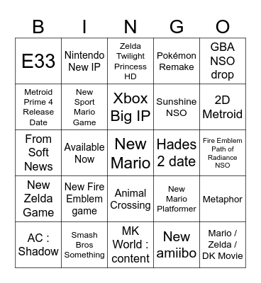 Nintendo Direct 12 Sept Bingo Card