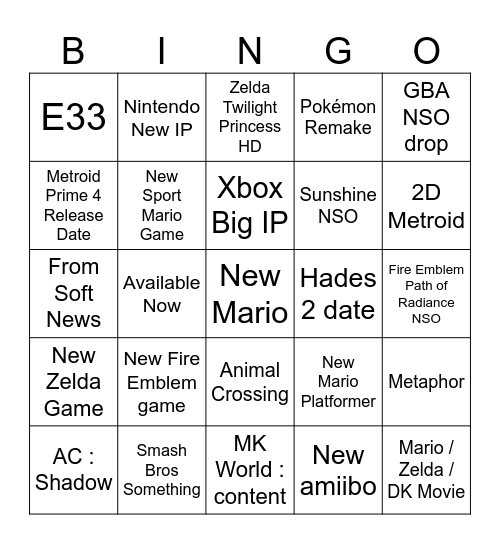 Nintendo Direct 12 Sept Bingo Card