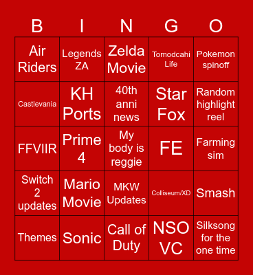 Nintendo Direct Bingo Card