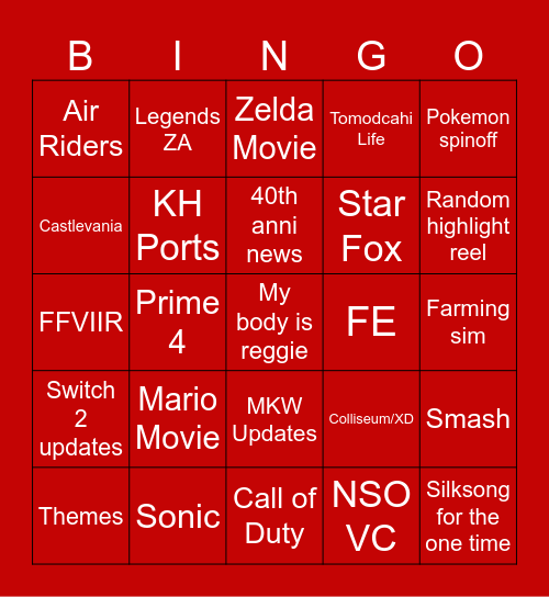 Nintendo Direct Bingo Card