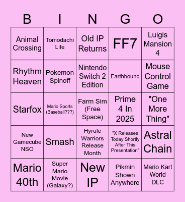 Callie's Nintendo Direct! Bingo Card