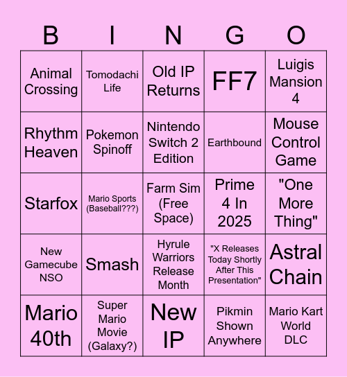 Callie's Nintendo Direct! Bingo Card
