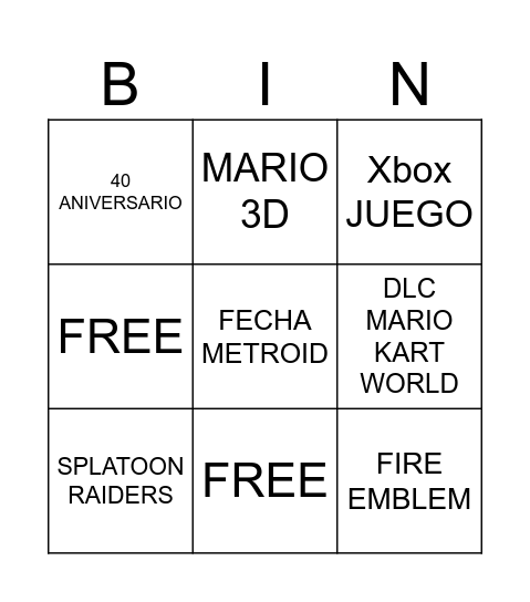 NINTENDO DIRECT Bingo Card