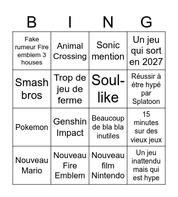 NINTENDO DIRECT Bingo Card