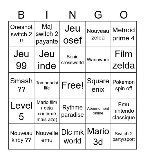 Nintendo Direct Bingo Card