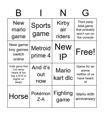 Nintendo Direct Bingo Card